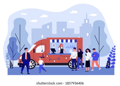 People buying ice cream in truck. Mobile kiosk, vehicle, queue flat vector illustration. Summer, street food, refreshing concept for banner, website design or landing web page