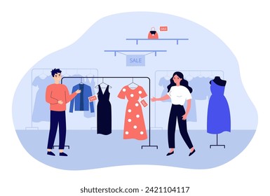 People buying less luxury and branded clothes. Unpleased man and woman looking at clothes with sale tags on hanger. Fashion, sale, shopping, decrease of consumer purchasing power concept svg