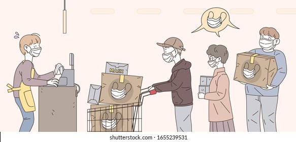 People are buying a lot of masks because of worry about the corona virus. Vector illustration about mask shortage phenomenon.