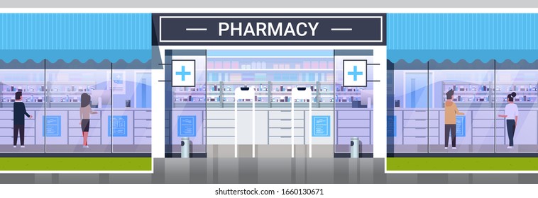 people buying medical products modern drugstore front view pharmacy store building exterior medicine healthcare concept horizontal full length vector illustration