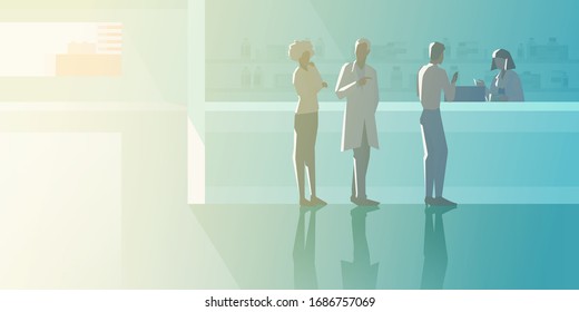 People buying medicine in Pharmacy interior flat vector illustration.