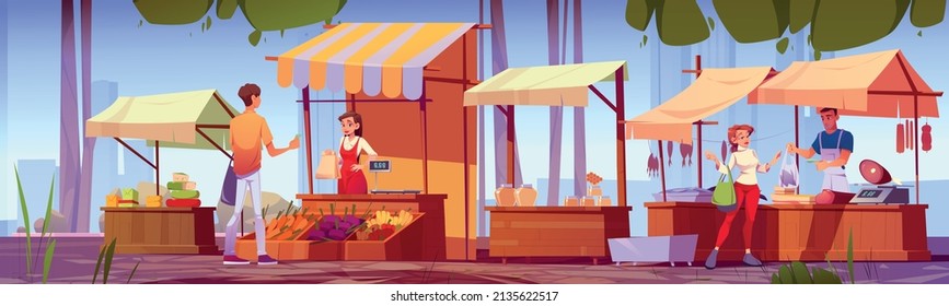 People buying natural products at outdoor farm market stalls. Vendors offer organic farmer production and vegetables to visitors at wooden fair booths with striped awnings, Cartoon vector illustration