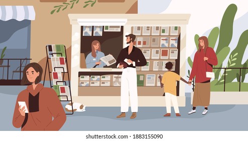 People buying newspapers and magazines at newsstand. Man standing at kiosk with press. Woman reading news on smartphone. Colored flat vector illustration