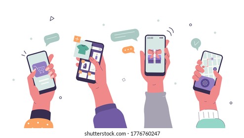 People Buying Online on Smartphones. Boys and Girls Choosing, Making Orders, Purchasing and Tracking Delivery. Female and Male Characters Shopping in Mobile App. Flat Cartoon Vector Illustration.