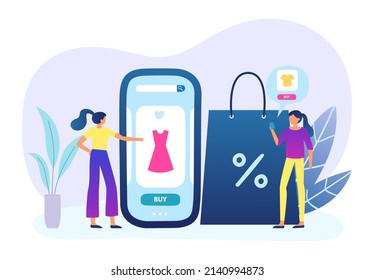 People buying in online shop with smartphone. Shopping online and buy in internet, shop sale by woman, vector illustration