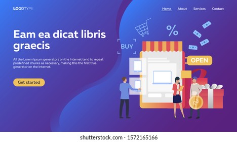 People buying online. Shopping, internet, sale flat vector illustration. Online shopping concept for banner, website design or landing web page