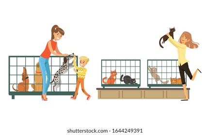 People Buying Pets in Pet Shop, Customers Choosing Home Animals Vector Illustration