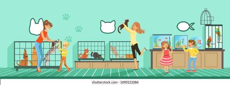 People buying pets from pet store Illustration in flat style
