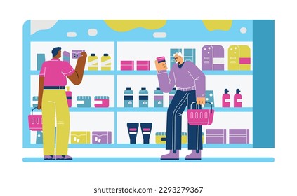 Gente comprando medicamentos farmacéuticos en la farmacia, ilustración plana vectorial aislada de fondo blanco. Viejo leyendo etiqueta en una farmacia. Concepto de salud.