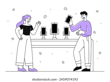 Personas para comprar el teléfono simple. El hombre le da un smartphone a la mujer. Vendedor y comprador en tienda de electrónica o tienda. Gadgets y dispositivos. Doodle Ilustración vectorial plana aislada sobre fondo blanco