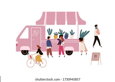 People buying plants from van kiosk vector flat illustration. Crowd of buyers at outdoors gardening market choosing potted plants isolated on white. Man and woman shopping houseplant