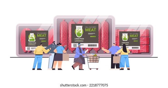 people buying plastic containers with cultured red raw meat made from animal cells artificial lab grown meat production