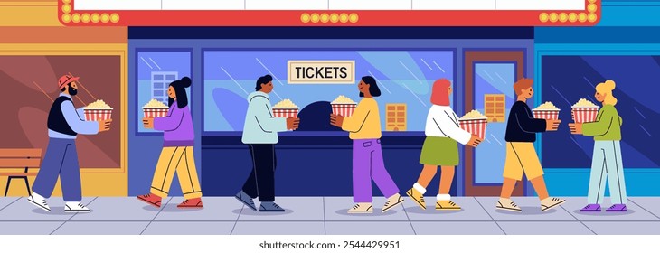 People buying popcorn at cinema entrance colorful illustration. Group of diverse individuals holding popcorn buckets walking towards movie theater ticket booth