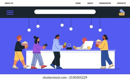 People buying popcorn and tickets at cinema counter flat design illustration. Diverse group of individuals standing in line at concession stand with popcorn and tickets. Website design template