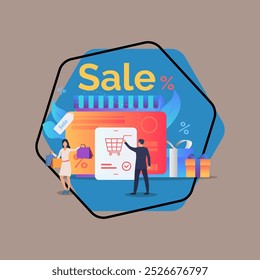 Personas de compra presenta Ilustración vectorial plana. Hombre que usa el App móvil para el pago, mujer que lleva bolsos de compras. Comercio, compras, venta, concepto de oferta especial se puede utilizar para el diseño del cartel o del Anuncio