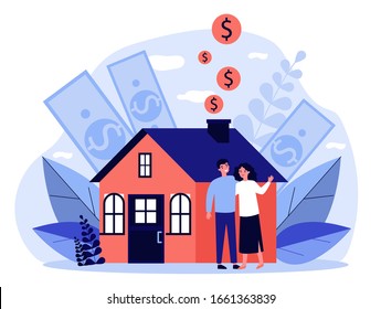 People buying property with bank credit. Savings of young couple falling into house chimney. Vector illustration for mortgage, ownership, rent, investment concept
