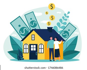 People buying property with bank credit. Savings of young couple falling into house chimney. Vector illustration for mortgage, ownership, rent, investment concept