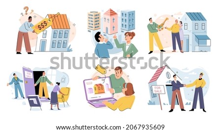 People buying or renting new house set. Real estate agent or broker helping couple to choose home. Mortgage, happy family buying house property, with help of real estate manager, apartment purchase