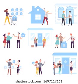 People Buying or Renting Real Estate Set, Agents or Brokers Helping Couples to Choose House Vector Illustration