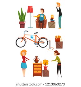 People buying and selling items at a garage sale set vector Illustration on a white background