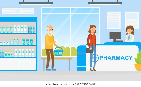 People Buying Tablets and Pills in Pharmacy, Woman Pharmacist Helping them to Choose Medications, Modern Pharmacy and Drugstore Interior Vector Illustration