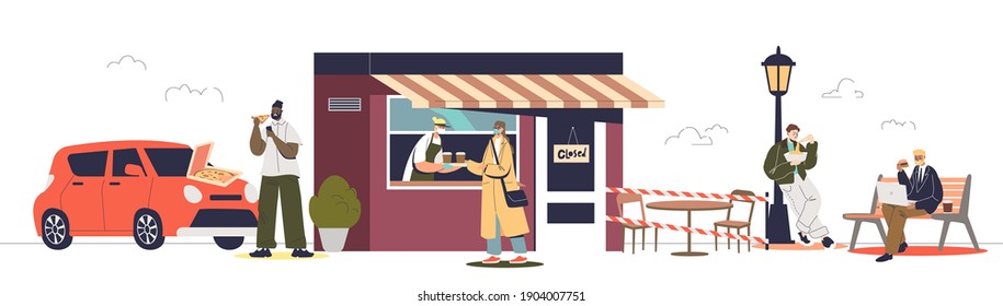 People Buying Takeaway Food And Beverages In Cafe For Covid Protection And Prevention. Cartoon Characters Ordering And Eating Meal To Go. Flat Vector Illustration