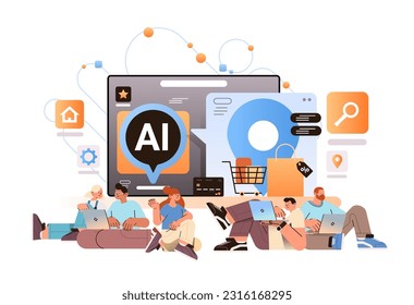 people buying things in computer app with ai shopping assistant helper bot e-commerce online shopping concept