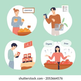 People are buying things in the market with a reasonable consumption lifestyle. flat design style vector illustration.