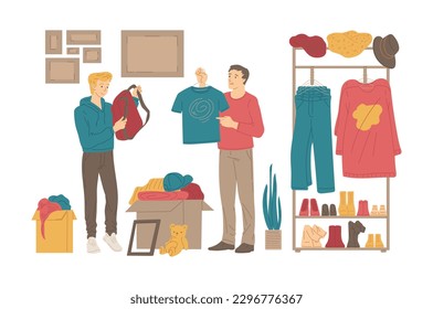 People buying things in second hand shop, flat vector illustration isolated on white background. Scene on flea market or second hand store with people characters.