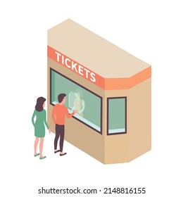 People buying tickets at cinema stadium theatre box office 3d isometric icon vector illustration