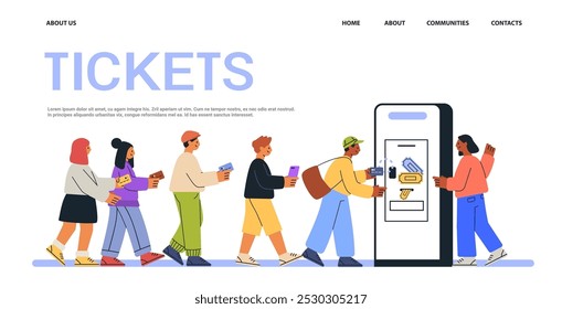 People buying tickets from kiosk machine queueing diverse characters colorful clothing modern flat design website banner