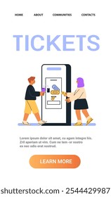 People buying tickets at kiosk mobile app screen illustration depicts two individuals purchasing tickets from a large digital kiosk with their smartphones