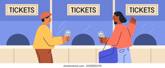 People buying tickets at ticket booth illustration. Two individuals holding tickets at a counter with ticket signs blue background. Website banner