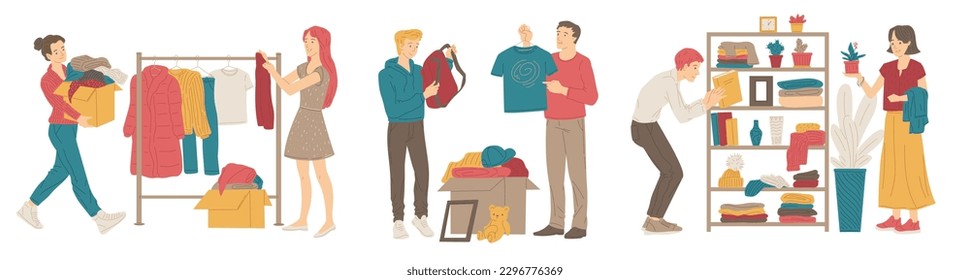 People buying used goods in second hand shop, flat vector illustration isolated on white background. Concepts of charity shop and garage sale. Characters buying clothes and home decor.