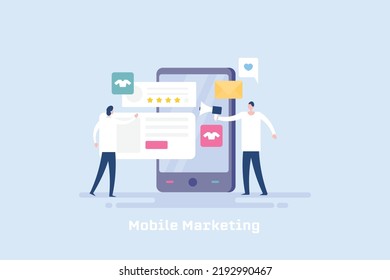 Personas comprando usando aplicaciones móviles, marketing de ecommerce móvil, aplicación de compras móviles - ilustración de vector de diseño plano con personajes e iconos