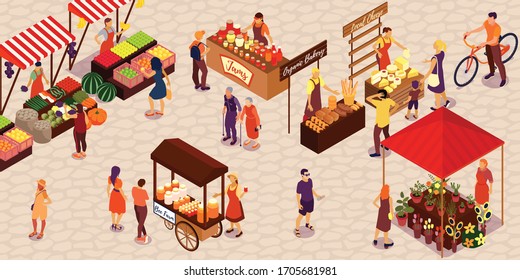 People buying vegetables fruit honey cheese bread flowers jam at farm market 3d isometric vector illustration