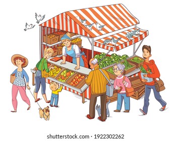 People buying vegetables and fruits at street market. Buyers stroll in the summer at the local fair. Funny cartoon character. Vector illustration. Isolated on white background