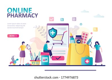 People buys medicine safely online. Concept of drugstore, healthcare and business. Landing page template or website design. Package with pills, medical equipment, drugs.Trendy flat vector illustration