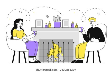 People by fireplace linear. Man and woman sitting at chairs in comfortable and cozy apartment. Winter holidays and festivals. Simple flat vector illustration isolated on white background
