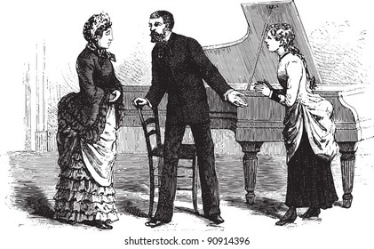 People by the piano - Vintage illustration from "La petite soeur par Hector Malot" 1882