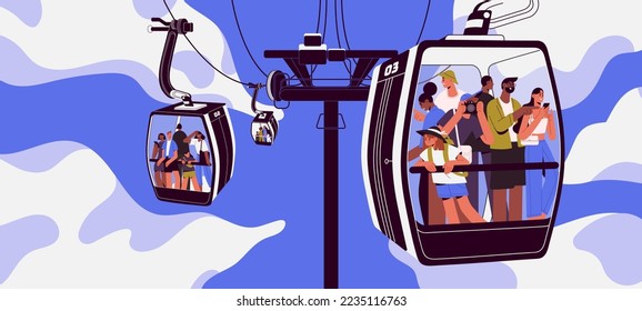 People in cable cars of cableway. Happy tourists inside cabins of aerial rope way. Travel by suspended cablecars of ropeway transport, looking down from sky, height. Flat vector illustration