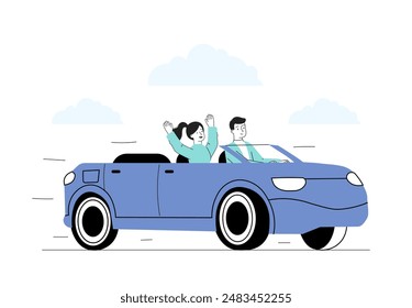 Personas en cabriolet. Hombre y mujer conduciendo en coche en verano. Familia feliz o pareja en el transporte caro. Gente rica con riqueza. Ilustración vectorial lineal aislada sobre fondo blanco