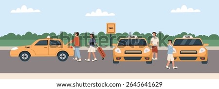People at cabstand. Taxi stand. Taxi stop. Parking lot. Taxi parked. People at park.