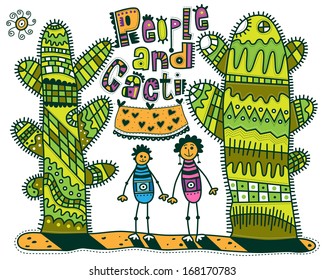 People and cacti. Two lovers man and woman stand between two cacti. Poster hangs over the people with hearts.