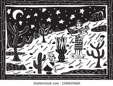 People Are In The Cactus Desert In The Middle Of The Night Cordel Illustration