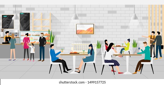 People in cafe or bakery shop. Happy man and women are sitting at table drinking coffee or tea, talking together, wait queue buy cuisine. Vector illustration in flat style. 