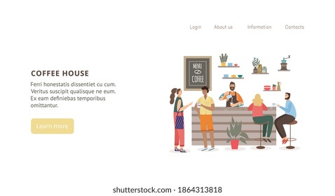 Leute in der Cafe Bar Kaffee trinken - Website-Banner-Vorlage mit Cartoon Barista machen Getränke für die Kunden an der Theke. Vektorgrafik der Homepage.