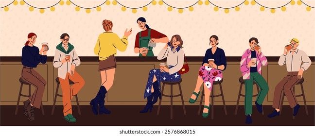 People in cafe. Characters at restaurant table. Food and morning coffee cup. Man drinking tea. Woman eating cake with cream. Persons sitting on counter stools in bar or cafeteria. Vector illustration