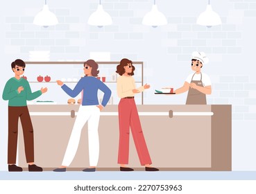People in cafe choose dishes. Canteen or self restaurant, waiting line to waiter and cashier. Students lunch, young adults eating, vector scene