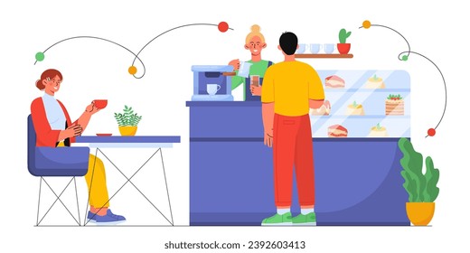 People in cafe concept. Man and women in catering service and restaurant. Customers buy bakery and pastry with coffee. Cartoon flat vector illustration isolated on white background